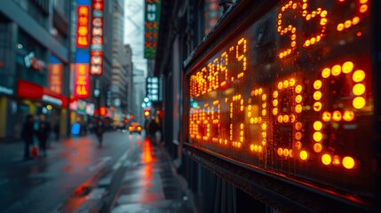 Electronic Stock Ticker Display Showing Market Data in a Busy City Financial District at Night