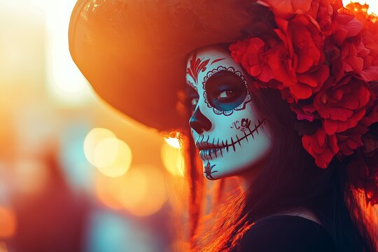 Young woman with La Catrina make-up to celebrate Dia de los muertos. Mexican tradition, culture and heritage concept. Traditional skull/calavera costume with a big, red hat. Bokeh effect background.