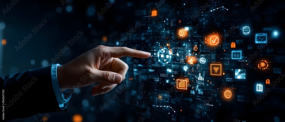Poster businessman pointing at glowing virtual analytics and communication symbols