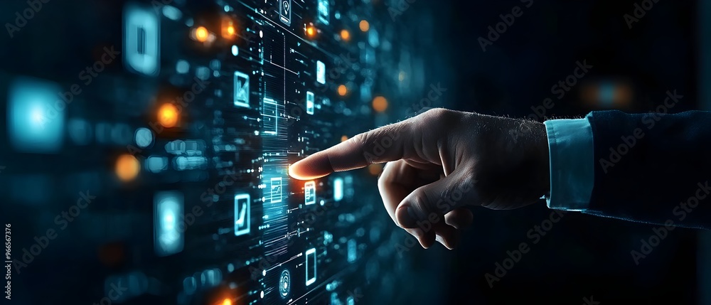 Poster businessman pointing to glowing digital interface with floating business icons
