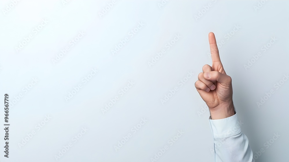 Poster businessman s finger raised in gesture towards unseen display on white background