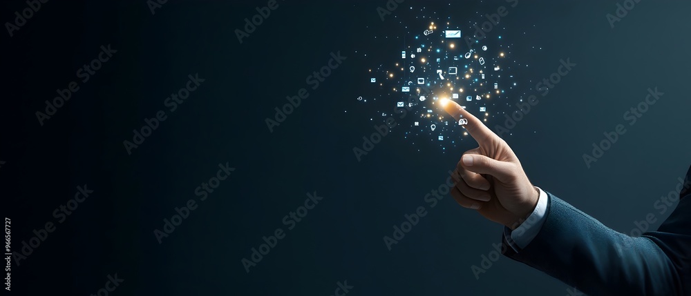 Aufkleber businessman s futuristic gesture with floating business icons in empty space