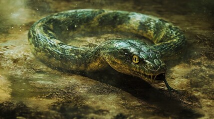 Fototapeta premium Green Snake Coiled on Forest Floor