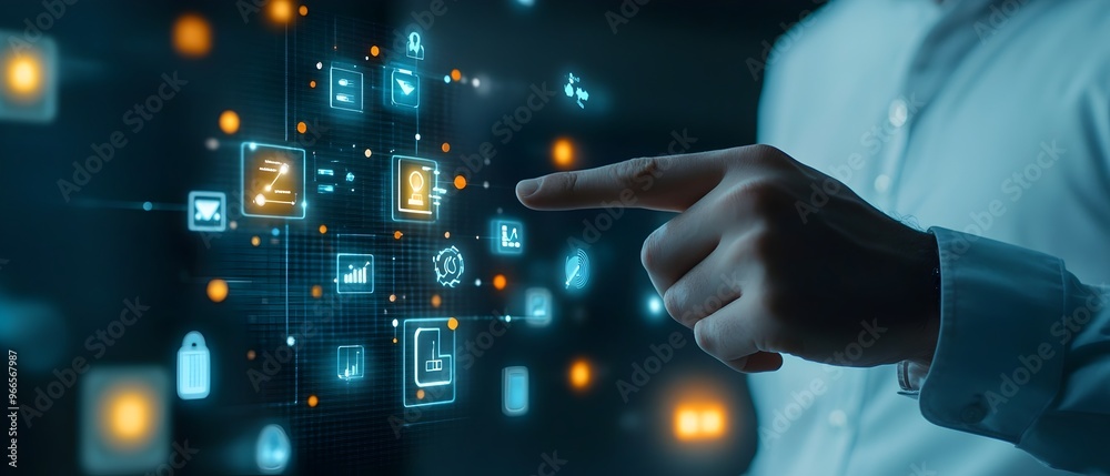 Poster Businessman s Hand Pointing at Glowing Digital Interface with Floating Tech Icons and Space for Ads