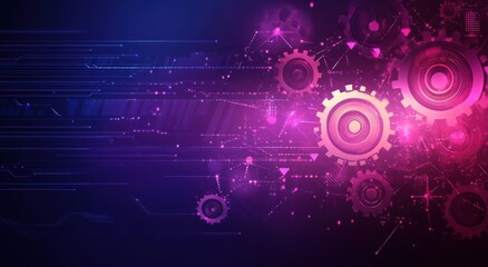 Fototapeta premium Digital graphic featuring interconnected gears with a purple background, representing technology and innovation in a futuristic abstract design