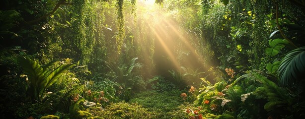 Lush jungle landscape in the morning with sunlight falling in through the leaves and trees. Green, natural rainforest. Green, tropical nature background with mist / fog.