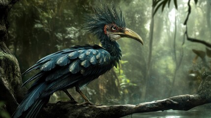 Obraz premium A majestic blue bird with a long beak perched on a branch in a lush green forest