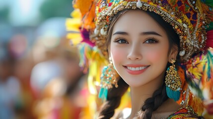 Fototapeta premium A young woman in traditional Southeast Asian attire smiles brightly.