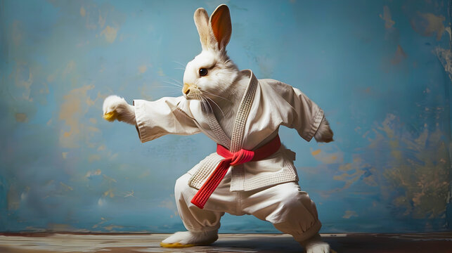A fluffy anthropomorphic bunny dressed in a traditional karate kimono and demonstrates impressive martial arts skills with a powerful dynamic pose This surreal