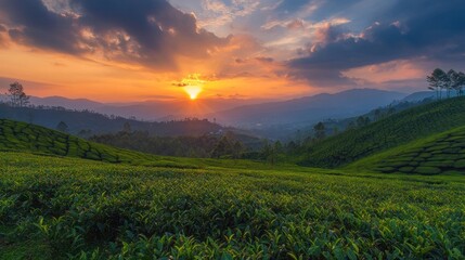 Obraz premium Sunset Over Lush Green Tea Plantation