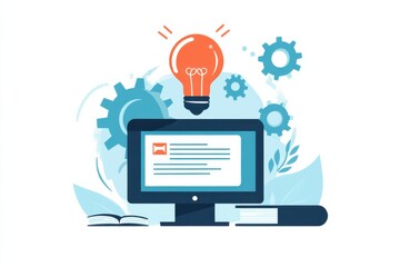 Creative online learning and innovation concept with computer display and light bulb illustration