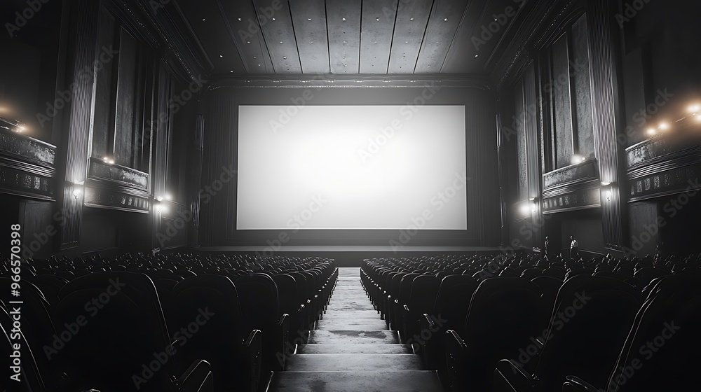 Wall mural an empty movie theater with a blank screen and rows of seats, perfect for displaying a movie poster 