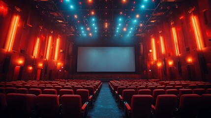 Empty movie theater with red seats and a large screen in front.