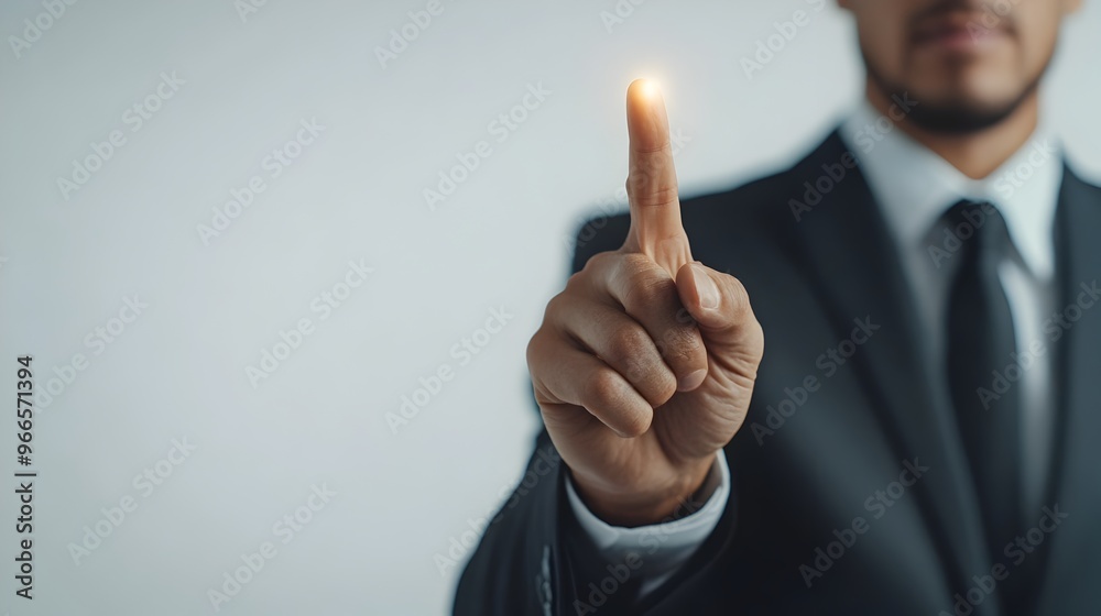 Aufkleber confident businessman gesturing towards invisible screen on white background