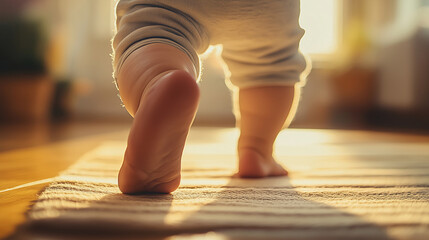 Close-up of a baby’s feet walking on a soft carpet