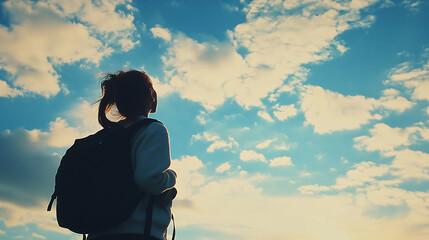 A person standing and looking up at the sky with clouds and sunlight