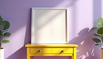 Blank Frame with Potted Plants and Yellow Table in Sunlit Room
