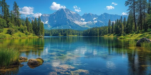Obraz premium Tranquil Mountain Lake with Majestic Peaks and Lush Greenery