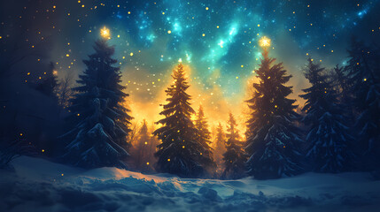 Fototapeta premium Golden and blue norther lights above pine trees covered with snow, winter wonderland, christmas card. Winter Wonderland. Illustration