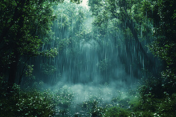 Fototapeta premium A soothing rainfall over a tranquil forest, with sounds blending into the landscape. Concept of rain's rhythmic embrace and forest peace.
