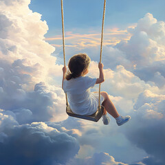 A girl swinging in the clouds with a peaceful expression