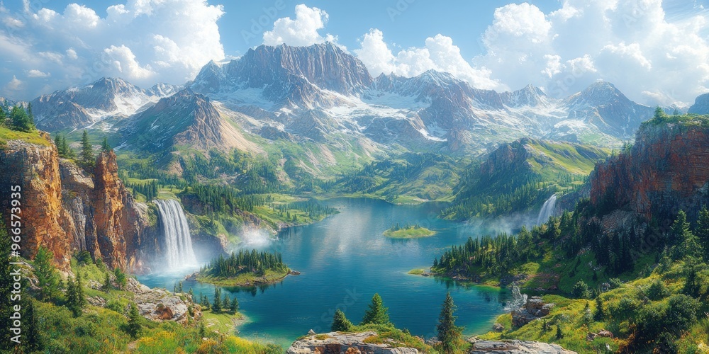 Poster Majestic Mountain Lake with Twin Waterfalls and Lush Green Foliage