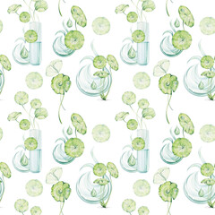 Centella asiatica watercolor seamless pattern, gotu cola leaves in tube for cosmetic. Herbal background, ayurveda medicine organic for anti aging cosmetic. Bottle, test t ube, essence fluid, oil