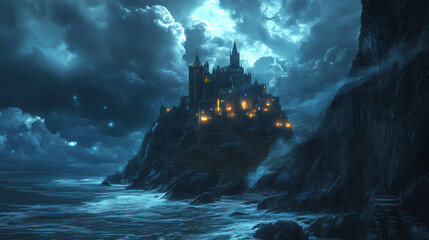 Fototapeta premium Mystical castle on a rocky cliff by the sea at night, with a stormy sky and glowing lights. Sky Castle. Illustration