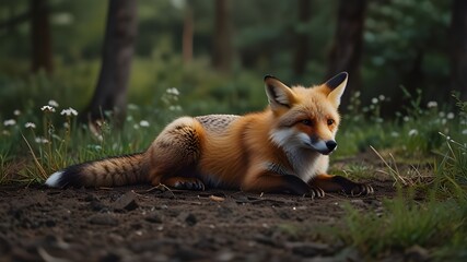 Obraz premium Wild fox stretching and sleeping in natural animal environment outdoors Generative AI