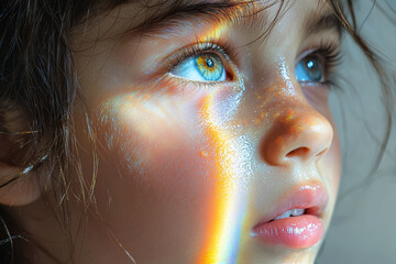 A child's eyes lighting up as they see a rainbow for the first time. Concept of wonder and innocence.