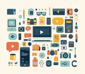 Fototapeta premium Flat illustration of various digital devices and media icons for technology and communication themes
