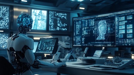 A futuristic robot analyzing information on multiple monitors in a high-tech control room, representing advanced artificial intelligence.