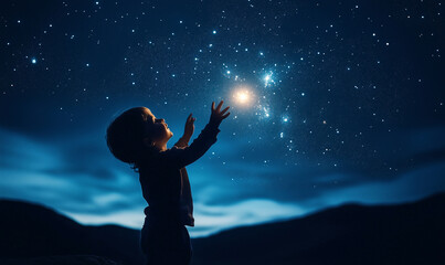 A child reaching up to the stars in a night sky with glowing hands