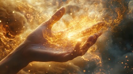 Fototapeta premium A hand holding a mystical, glowing energy orb in a surreal setting, symbolizing magic, power, and creativity.