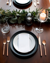 Elegant Table Setting with Black Plates and Rose Gold Cutlery