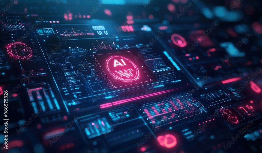 Poster futuristic digital interface showcasing artificial intelligence technology with holographic elements