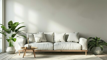 Minimalist Living Room with White Sofa and Plants