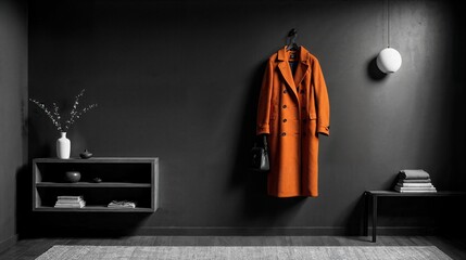 generative ai, Orange Coat Hanging on a Dark Wall with Dramatic Lighting