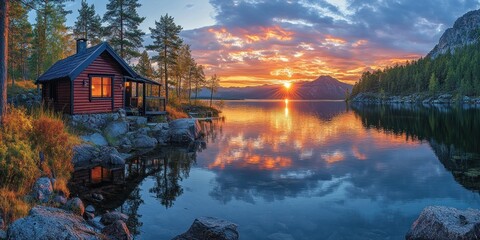 Obraz premium Cabin by a Serene Lake at Sunset with Mountain Views
