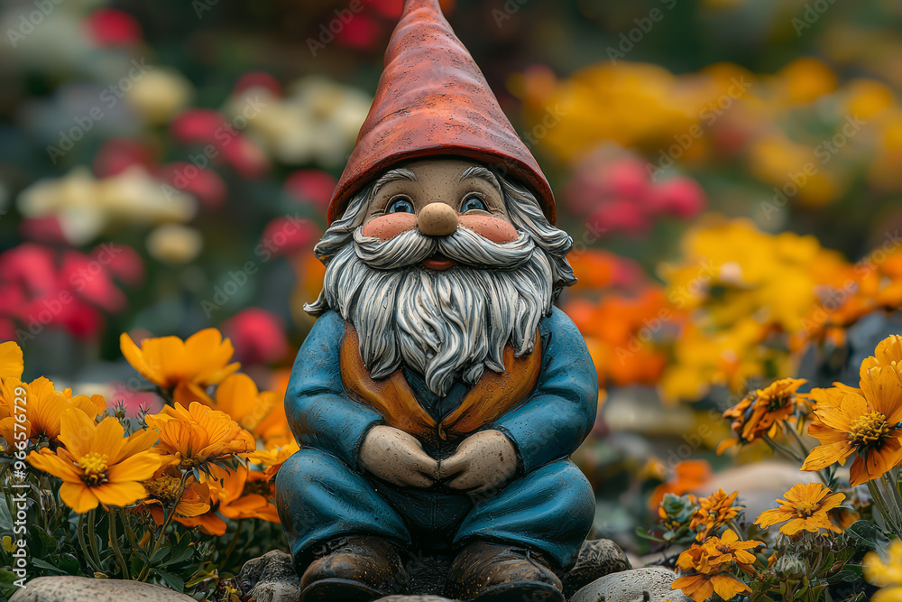 Poster a whimsical garden gnome amidst vibrant flower beds, capturing the playful and imaginative aspects o