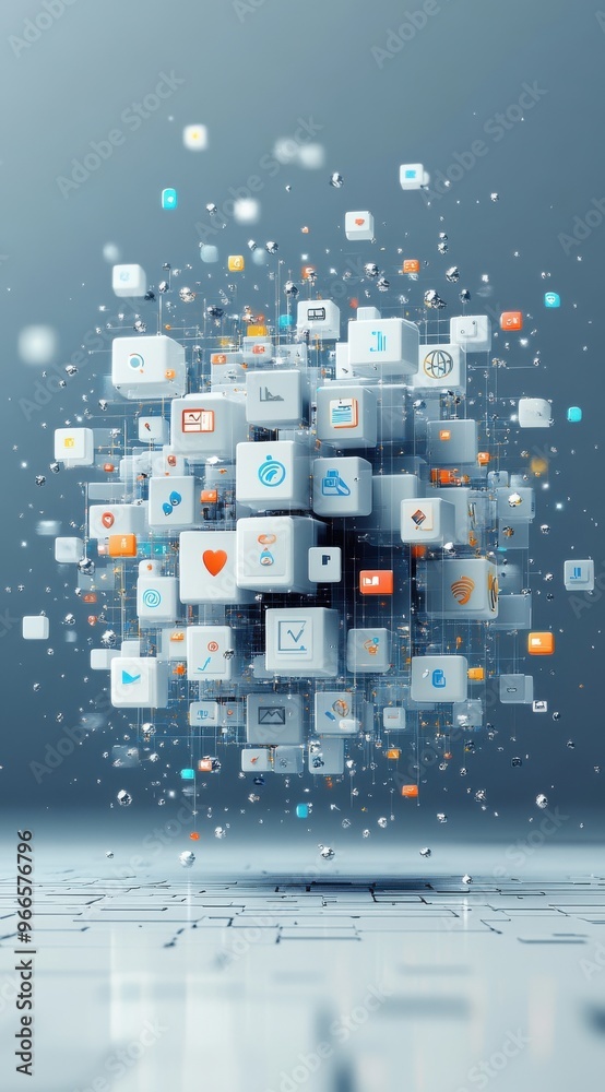 Poster abstract digital cubes floating on a gray background with blue and white geometric icons representin