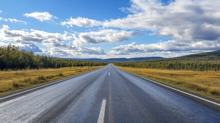 Fototapeta premium A scenic highway stretches into the horizon under a bright sky with clouds and surrounding greenery. Ideal for travel and adventure themes.