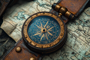 An antique compass with ornate details on a world map, illustrating the exploration and adventure...