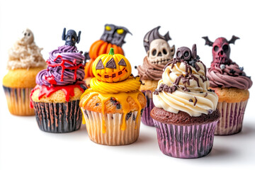 A set of horror halloween themed artsy cupcakes muffin isolated on white.