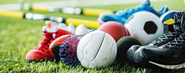 Composition various sport equipment on green grass field