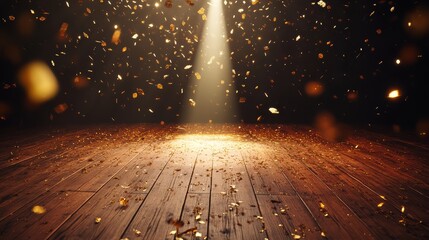 A spotlight illuminates a wooden stage with floating golden particles. Perfect for scenes, backgrounds, and creative projects.