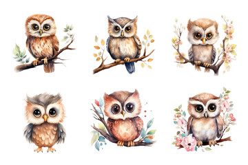 Cute Owl Collection Bundle Set Isolated on a Transparent Background