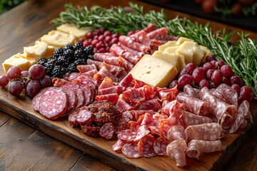 A rustic charcuterie board with an assortment of cured meats, cheeses, and fresh fruits,...