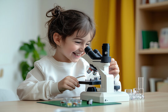 A girl using a microscope in a classroom setting