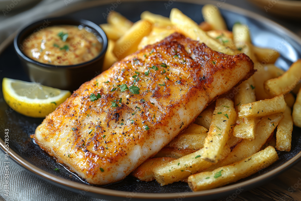 Poster A plate of crispy fish and chips with golden fries and a side of tartar sauce, capturing the classic appeal of this popular British dish. Concept of fish and chips and British cuisine.